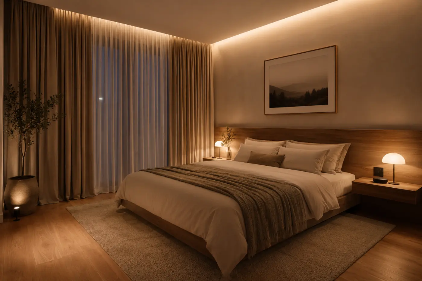 Calm bedroom with soft warm lighting and natural textiles