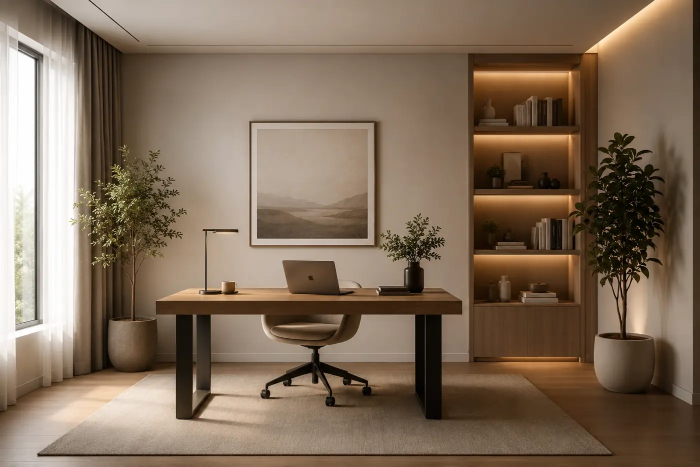 Focused home office with balanced task and natural lighting
