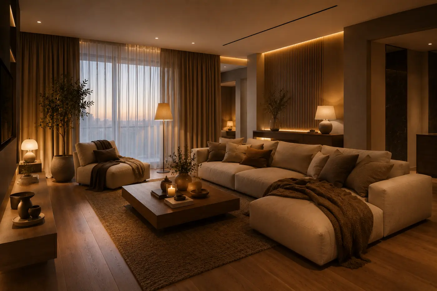 Warm living room with layered ambient light and rich wood texture